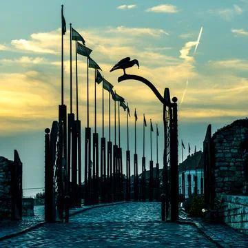 Hungarian flags in old town 스톡 사진