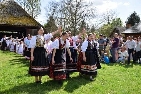 Hungarian folk dance at Easter tradition festival with girls in costume Stock Photos