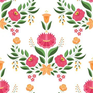Hungarian folk pattern vector seamless. Kalocsa floral ethnic ornament Stock Illustration