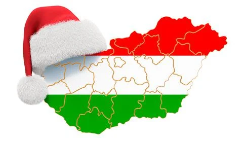 Hungarian map with red Santa hat. New Year and Christmas holidays concept, 3D Stock Illustration