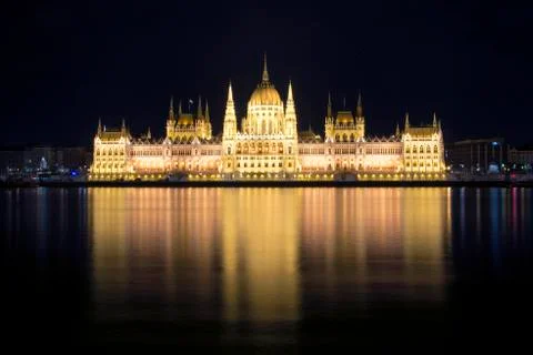 Hungarian Parliament building and Danube River in the Budapest city at night. Stock Photos
