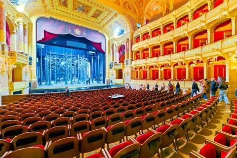 Hungarian State Opera at night with empty seats Stock Photos