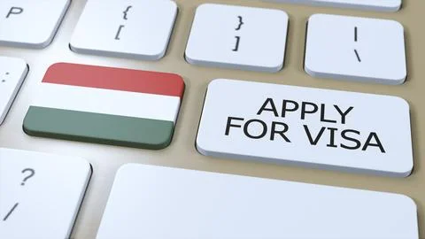 Hungary, Apply for Visa Concept. Button Push 3D Illustration. Visa Apply for Illustrazione stock