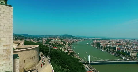 Hungary. Budapest. Liberty Statue Buda aerial view moving up camera. Stock Footage 62221300