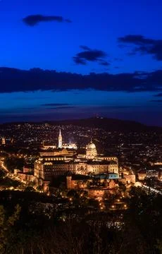 Hungary, Budapest at night view from Gellert mountain to the Buda fortress,.. Stock Photos