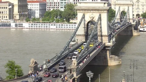 Hungary Budapest traffic on Chain Bridge view  from buda Stock Footage 78579273
