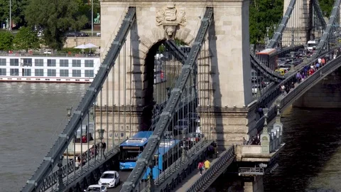 Hungary Budapest traffic on Chain Bridge view  from buda close up Stock Footage 78579296
