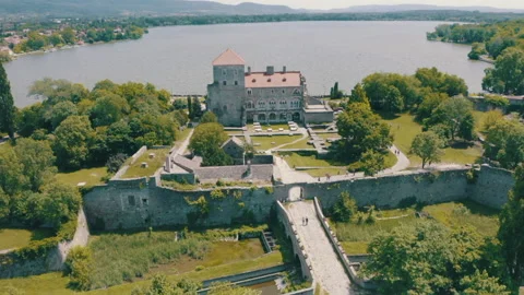 Hungary - Castle of Tata drone view with Old lake Stock Footage