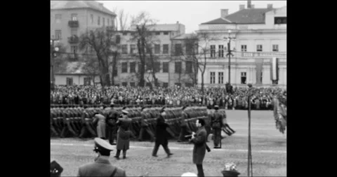 Hungary - circa 1970s: Official state celebration parade with soldiers marching Video stock 341396703