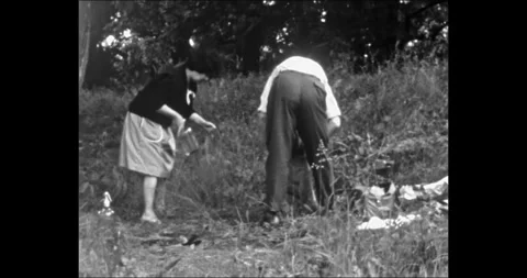 Hungary - circa 1970s: people preparing a picnic in the park, Hungary. Useful 库存影片 341396308