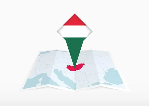 Hungary is depicted on a folded paper map and pinned location marker with f.. Stock Illustration
