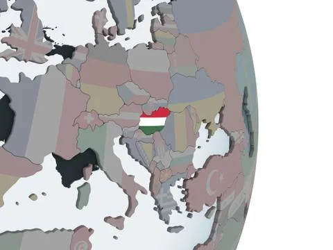 Hungary with flag on globe Stock Illustration