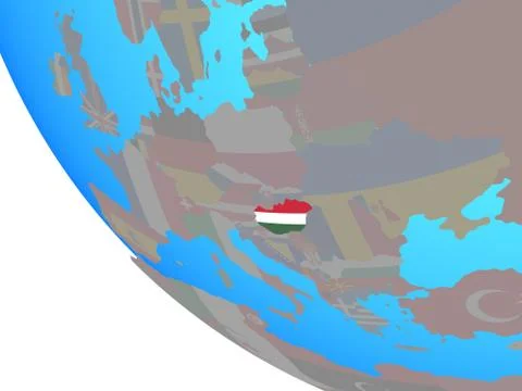 Hungary with flag on globe Stock Illustration
