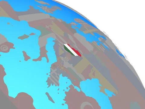 Hungary with flag on globe Stock Illustration
