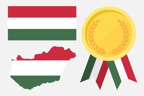 Hungary flag with map and gold medal in set for web and banners or app and .. Stock Illustration