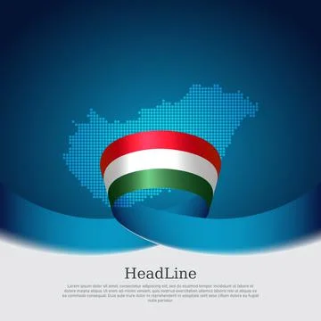 Hungary flag, mosaic map on blue white background. Wavy ribbon with hungarian Stock Illustration