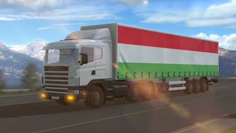 Hungary flag shown on the side of a large truck Stock Footage 122100207