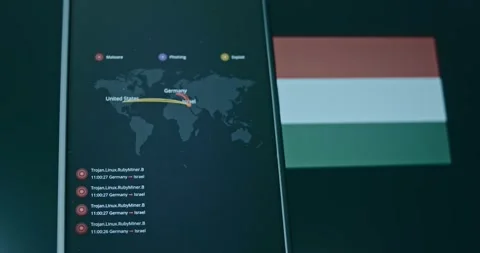 Hungary hit by cyber attacks, live map and flag of Hungary on background Stock Footage 310845419