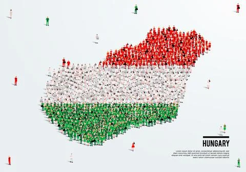 Hungary Map and Flag. A large group of people in the Hungary flag color. Stock Illustration