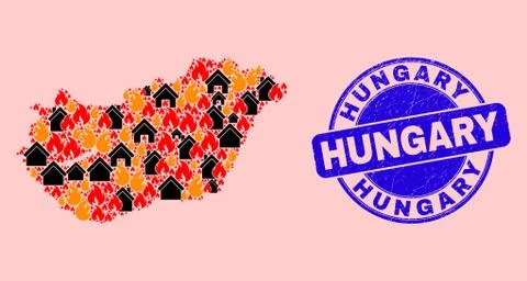 Hungary Map Composition of Fire and Buildings and Distress Hungary Seal Ilustración de archivo