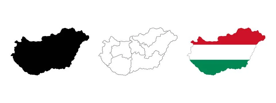 Hungary map flag. Solid black silhouette, administrative outline and nation.. Stock Illustration