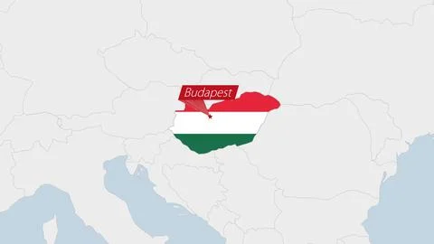 Hungary map highlighted in Hungary flag colors and pin of country capital B.. Stock Illustration