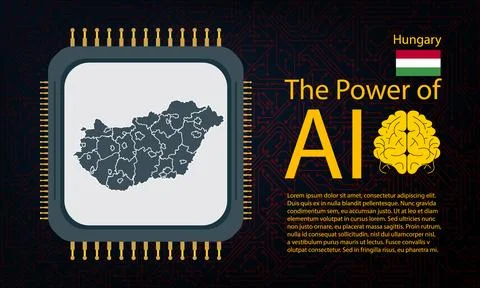Hungary map with microchip war and AI concept on circuit board, Power of AI.. Illustrazione stock