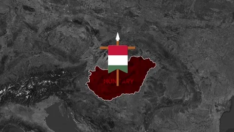 Hungary map outline with flag and medieval banner overlaying grayscale European Vídeos de archivo 335346788