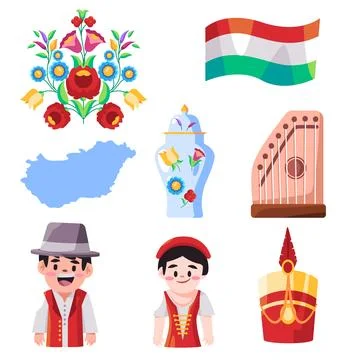 Hungary object icon set collection flower embroidery vase map flag boy girl Stock Illustration