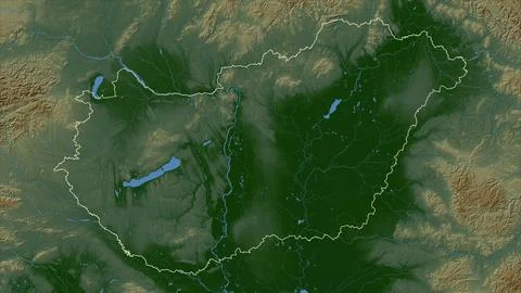 Hungary outlined on a Colored elevation map with lakes and rivers Stock Illustration