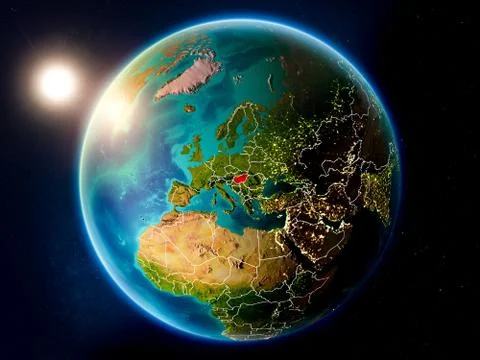 Hungary with sunset from space Stock Illustration