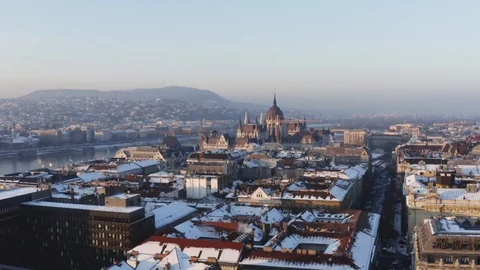 Hungary, winter - Budapest downtown covered in snow, aerial video Stock-Footage 101739732