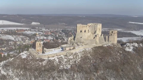 Hungary, winter - drone video shows the castle of Csesznek is snow Stock-Footage 101732437