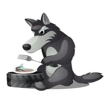Hungry animated grey wolf with fork and empty plate with fly isolated on white Illustrazione stock