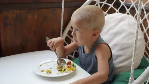 Hungry Boy Eats Healthy Salad and Cutlet on Rustic Porch Stock Footage 322119556