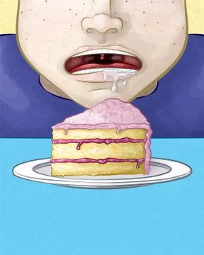 Hungry Face with a Slice of Cake Illustrazione stock
