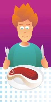 Hungry guy eating a steak Stock Illustration