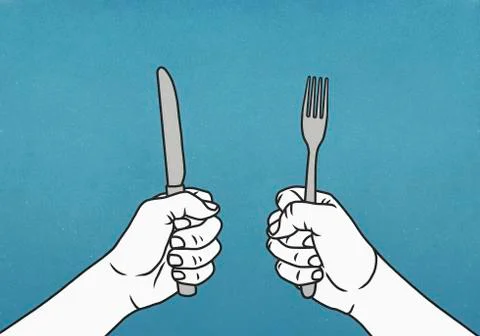 Hungry hands holding fork and knife Stock Illustration