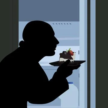 Hungry man eating cake at open refrigerator in flat design Stock Illustration