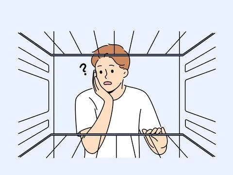 Hungry man sees empty refrigerator and is nervous about lack food due to poverty Illustrazione stock