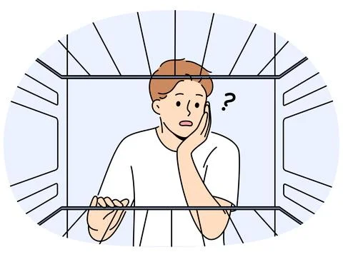 Hungry man sees empty refrigerator and is nervous about lack food due to poverty 库存插图