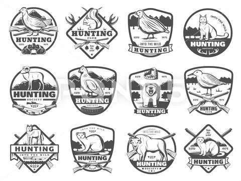 Hunt club wild animals and birds vector icons Stock Illustration