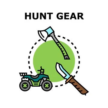 Hunt gear concept with axe knife and atv Stock Illustration