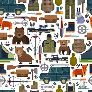 Hunt vector hunting ammunition or hunters equipment rifle shooting and backpack Stock Illustration