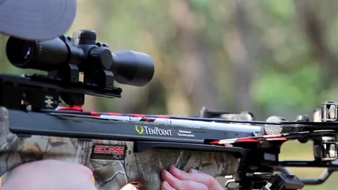 Hunter aiming and shooting a crossbow Stock Footage 171996584