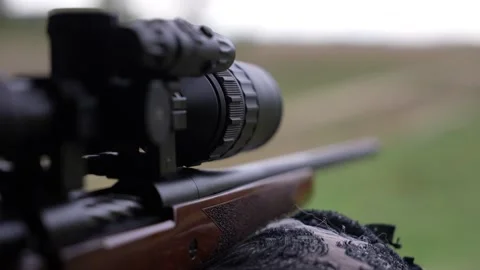 Hunter is aiming. Shooter sighting in the target Stock Footage 296086218