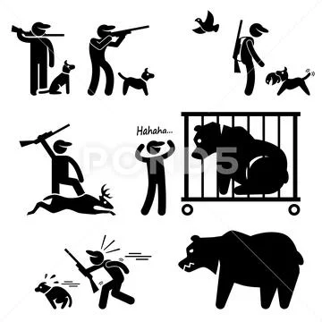 Hunter and Hunting Dog Stick Figure Pictogram Icon Stock Illustration