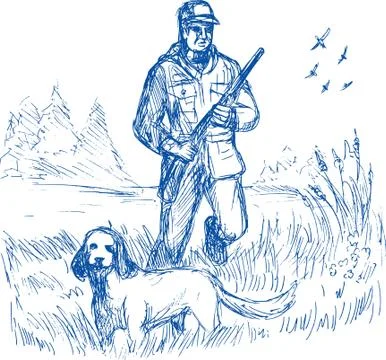 Hunter and trained pointer gun dog hunting Stock Illustration