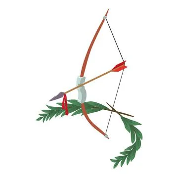 Hunter bow icon isometric vector. Wooden hunter bow with arrow and green branch 库存插图
