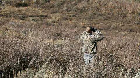 Hunter in camo binoclulars P HD 3580 Stock Footage 529115
